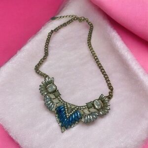 💥Vintage Blue & Clear Rhinestone Statement Necklace – Faceted Marquise Navette